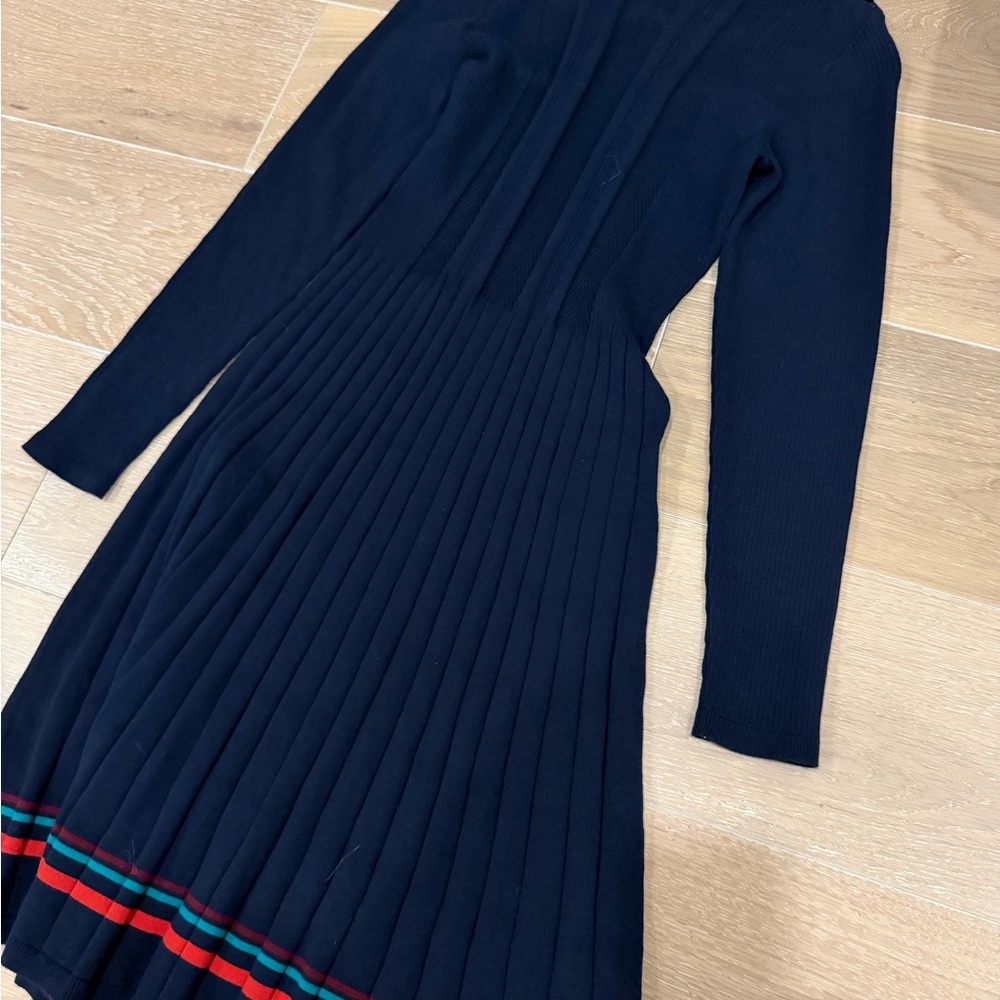 Galleries Lafayette Elegant Navy Long-Sleeve Dress with Striped Hem
